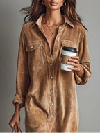 Women's Corduroy Long Sleeve Midi Fall Dress – Chest Pockets