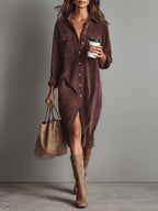 Women's Corduroy Long Sleeve Midi Fall Dress – Chest Pockets