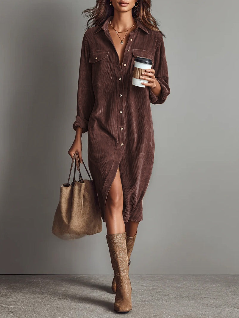 Women's Corduroy Long Sleeve Midi Fall Dress – Chest Pockets