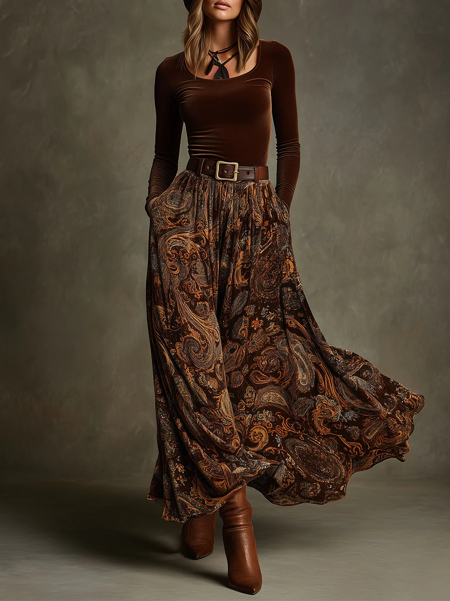 Amelia | Elegant Velvet Top & Paisley Maxi Skirt Set