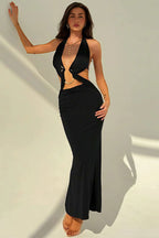 Women's Deep V-Neck Maxi Dress - Backless Bodycon & Metal Detail