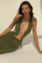 Women's Deep V-Neck Maxi Dress - Backless Bodycon & Metal Detail