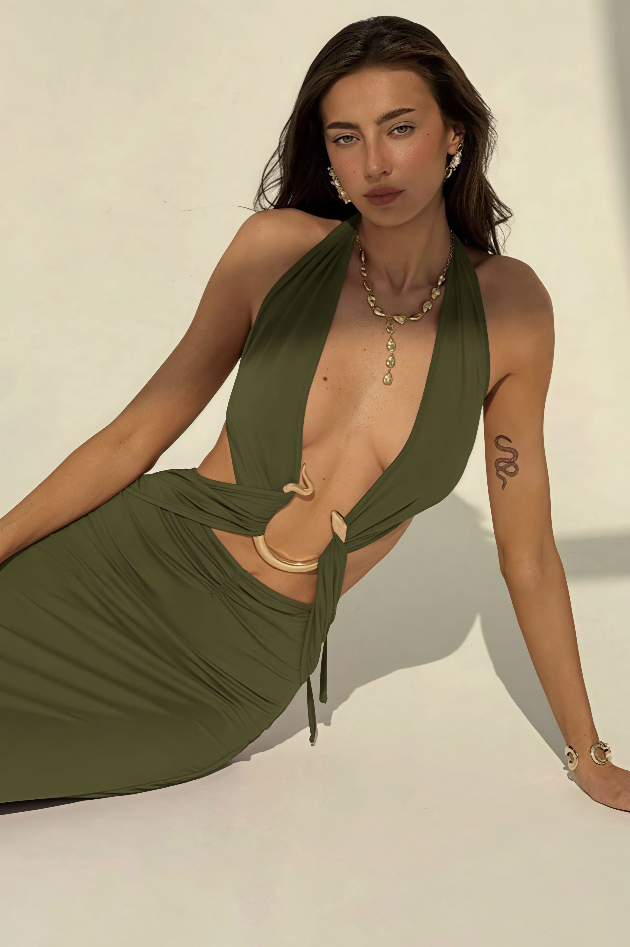 Women's Deep V-Neck Maxi Dress - Backless Bodycon & Metal Detail