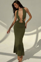 Women's Deep V-Neck Maxi Dress - Backless Bodycon & Metal Detail