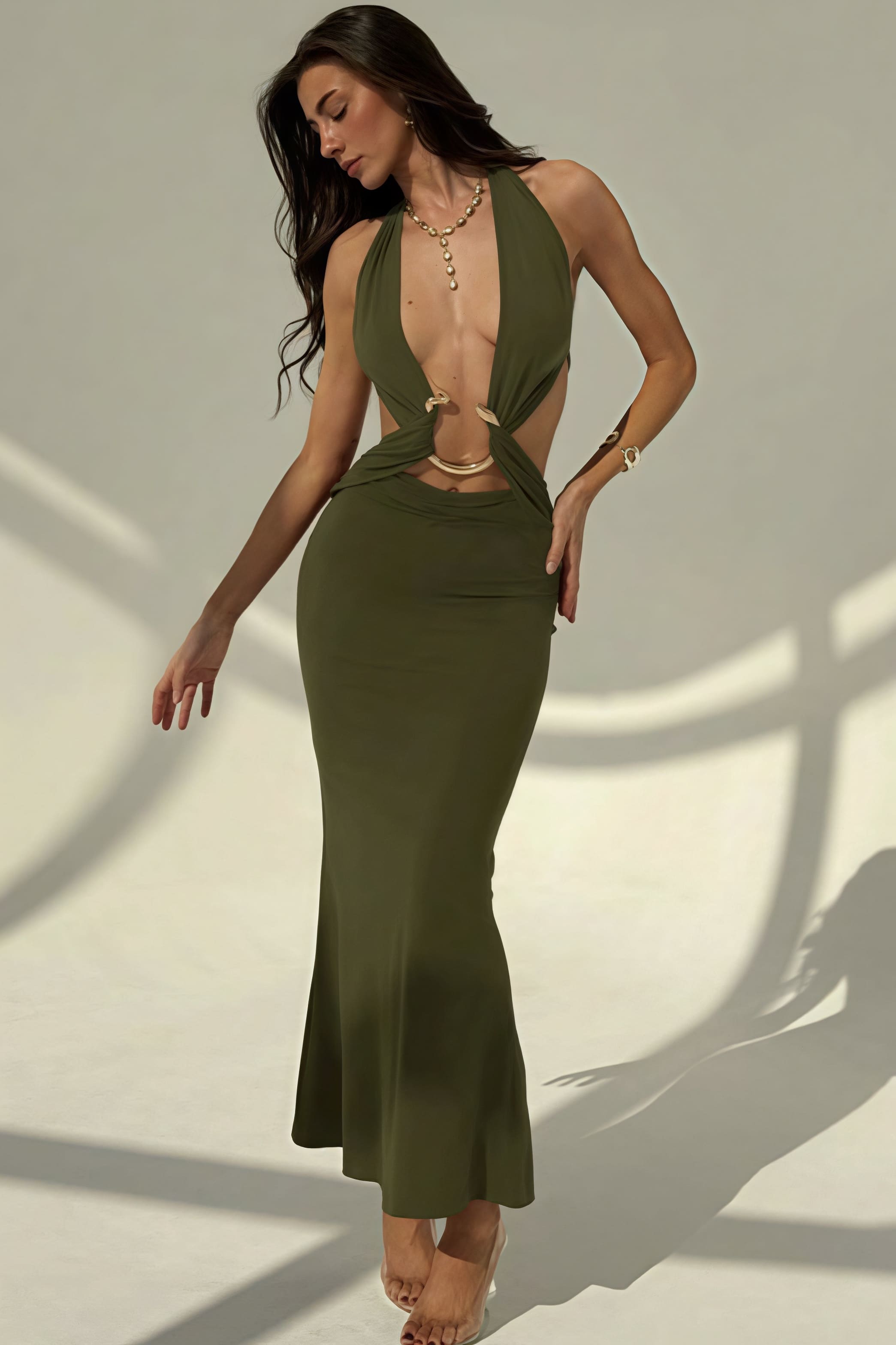 Women's Deep V-Neck Maxi Dress - Backless Bodycon & Metal Detail