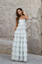 Women's Tiered Long Sleeve Maxi Dress - Crochet Lace Trim & Ruffle Hem