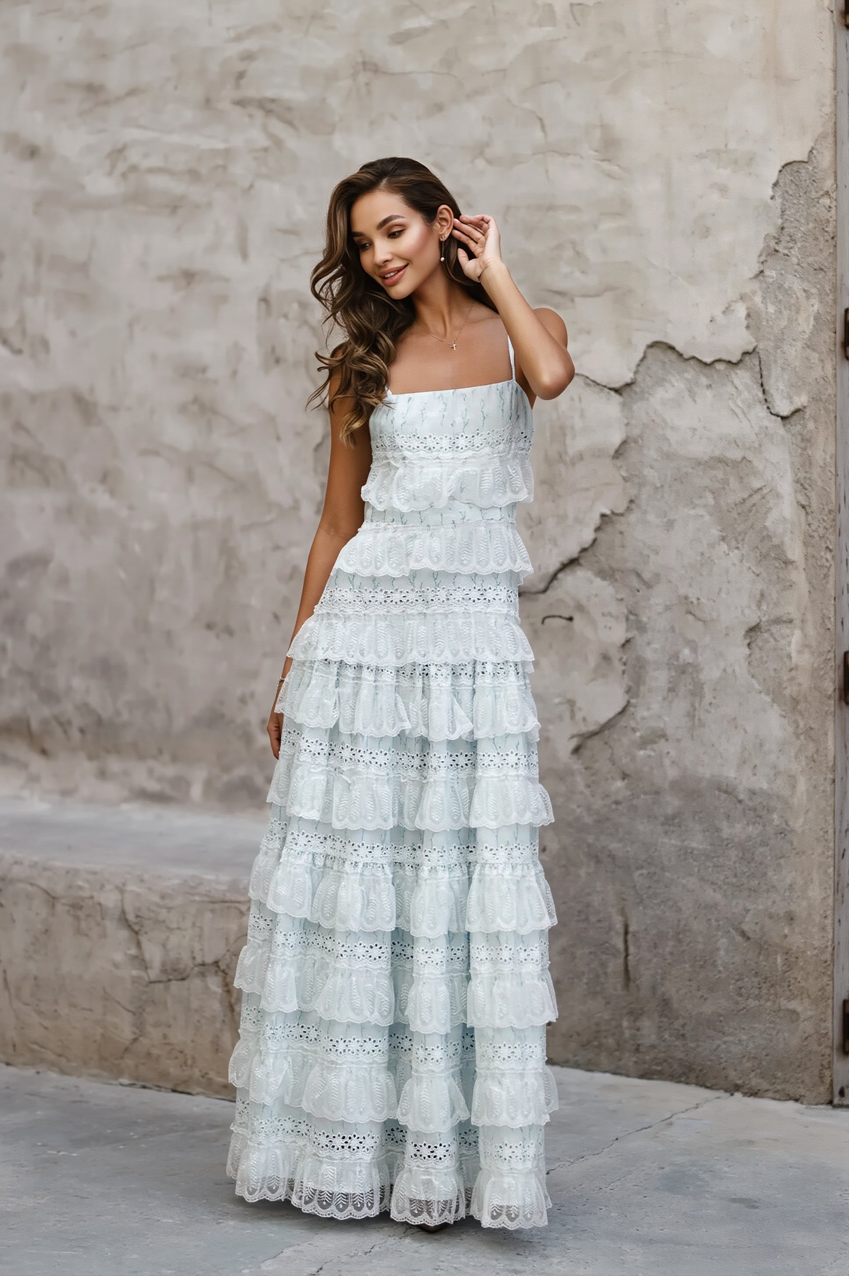 Women's Tiered Long Sleeve Maxi Dress - Crochet Lace Trim & Ruffle Hem