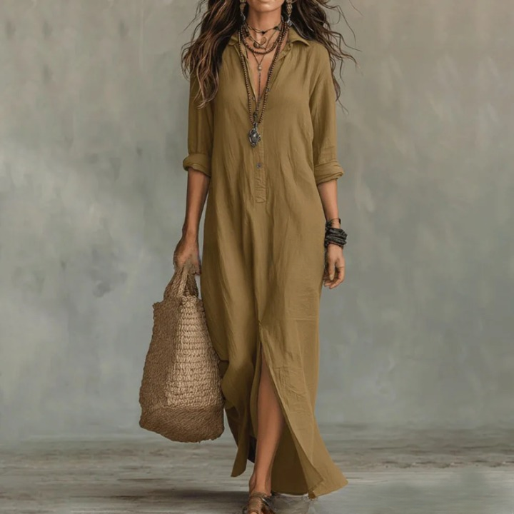 Agnes Long Linen Shirt Dress - Cotton 3/4 Sleeve Flowy