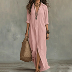 Agnes Long Linen Shirt Dress - Cotton 3/4 Sleeve Flowy