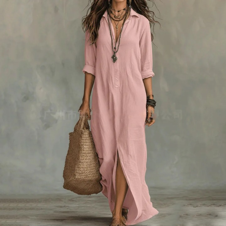 Agnes Long Linen Shirt Dress - Cotton 3/4 Sleeve Flowy