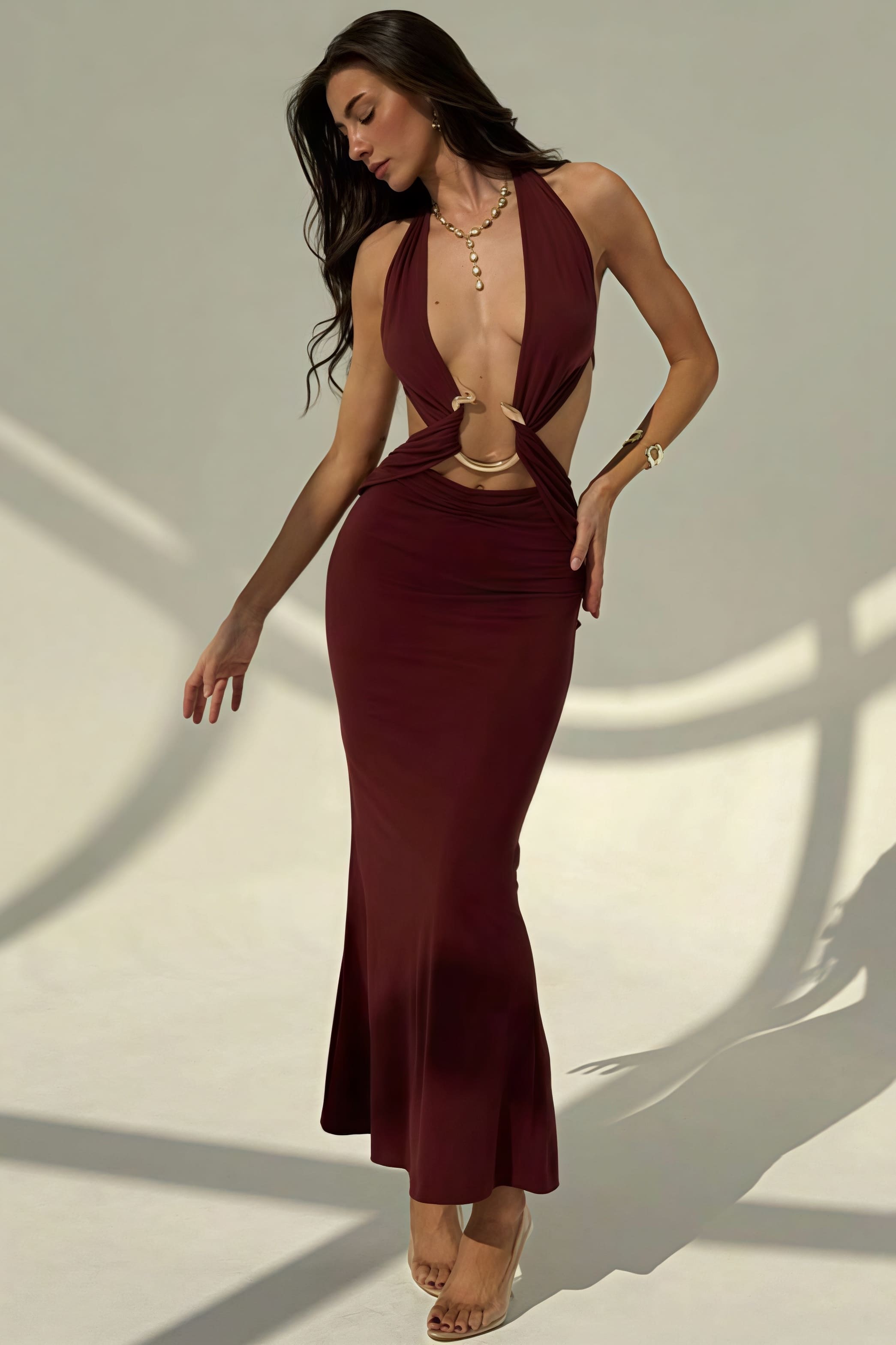 Women's Deep V-Neck Maxi Dress - Backless Bodycon & Metal Detail