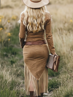 Women's Suede Long Sleeve Midi Fall Dress – Lapel Zipper