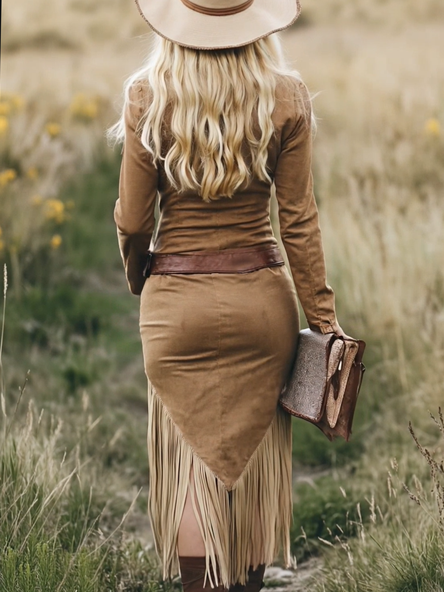 Women's Suede Long Sleeve Midi Fall Dress – Lapel Zipper
