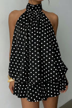Women's Polka Dot Halter Mini Dress - Backless Lace-Up Flared