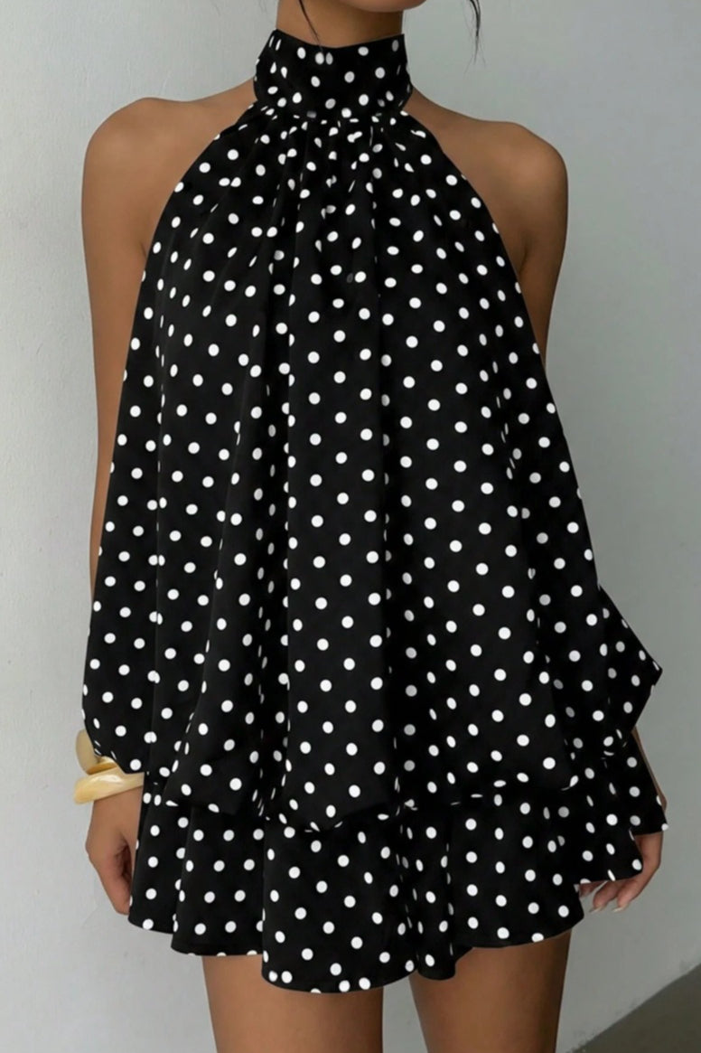 Women's Polka Dot Halter Mini Dress - Backless Lace-Up Flared