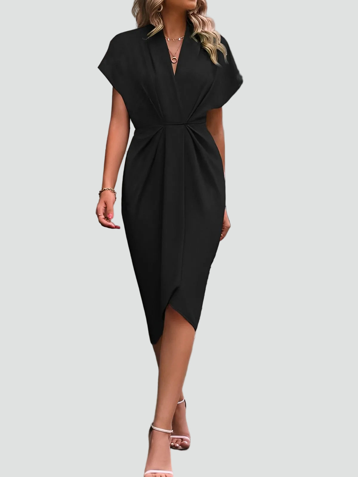 Women's Wrap Midi Dress - Surplice Neck Tie Waist Cocktail Style