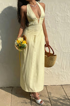 Women's Striped Halter Maxi Dress - Backless Lace-Up Design