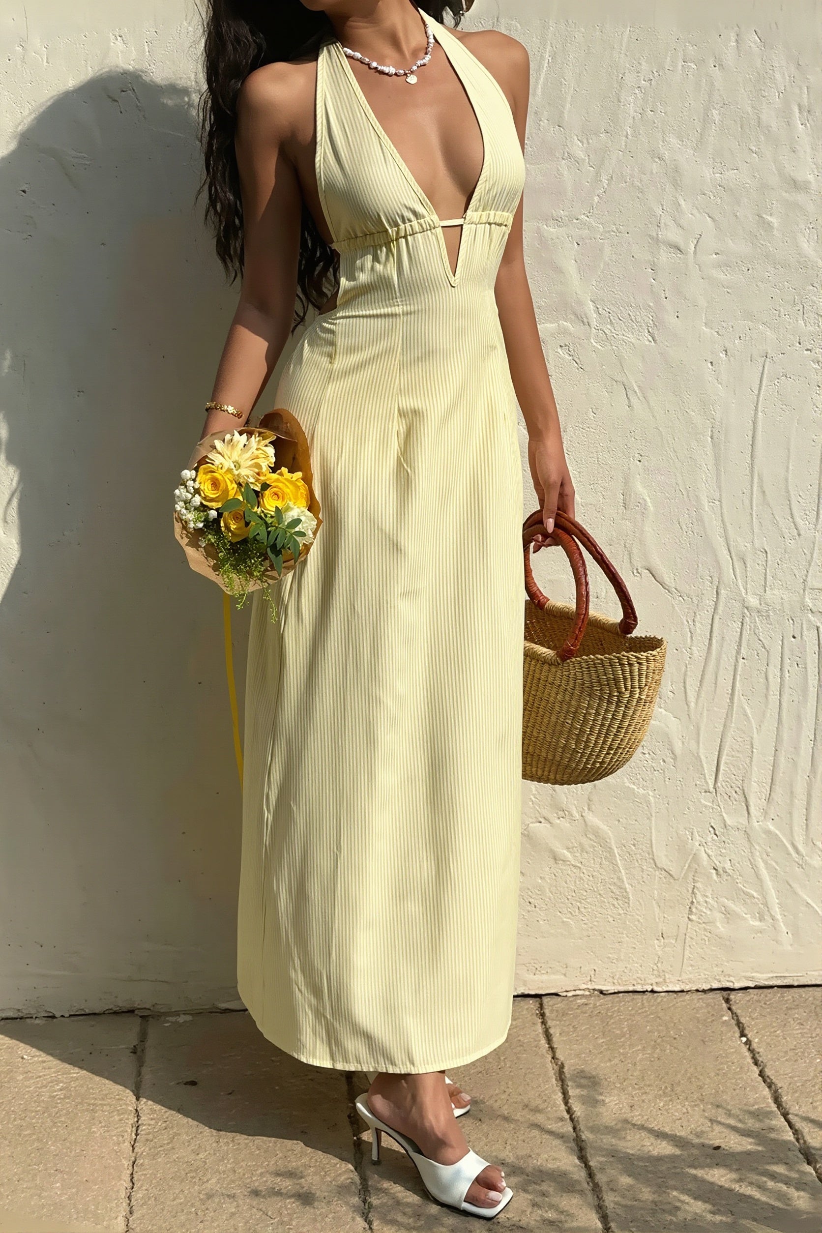 Women's Striped Halter Maxi Dress - Backless Lace-Up Design