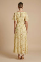 Women's Floral Maxi Dress - Square Neck Flutter Sleeve Ruched
