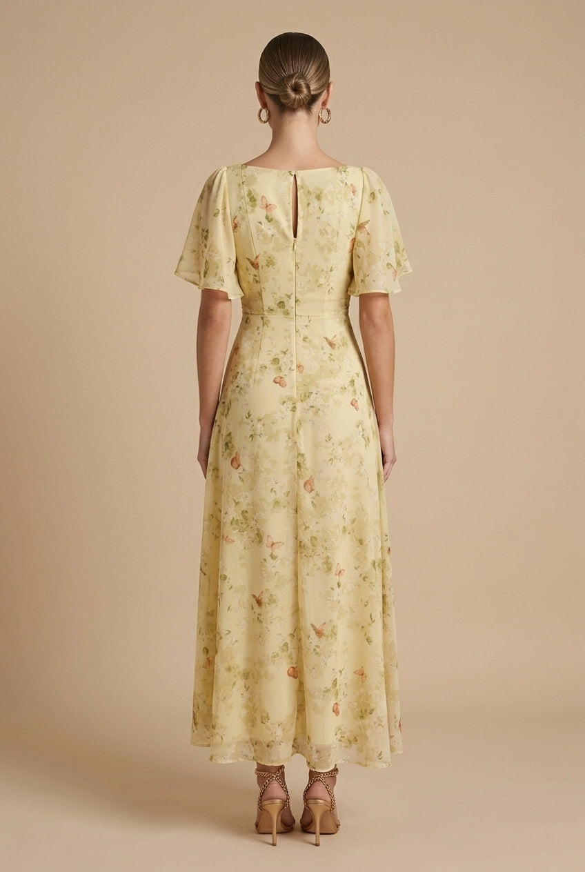 Women's Floral Maxi Dress - Square Neck Flutter Sleeve Ruched