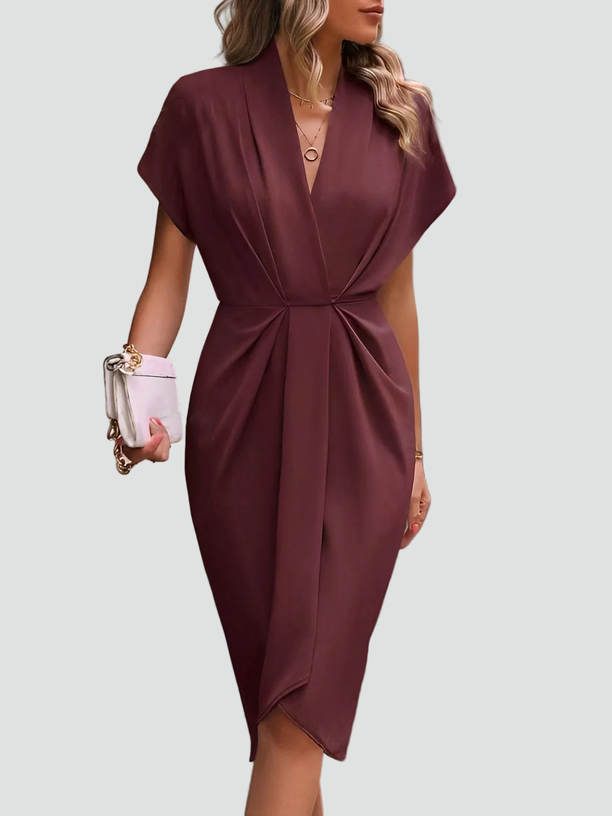 Women's Wrap Midi Dress - Surplice Neck Tie Waist Cocktail Style