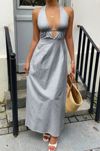 Women's Striped Halter Maxi Dress - Backless Lace-Up Design