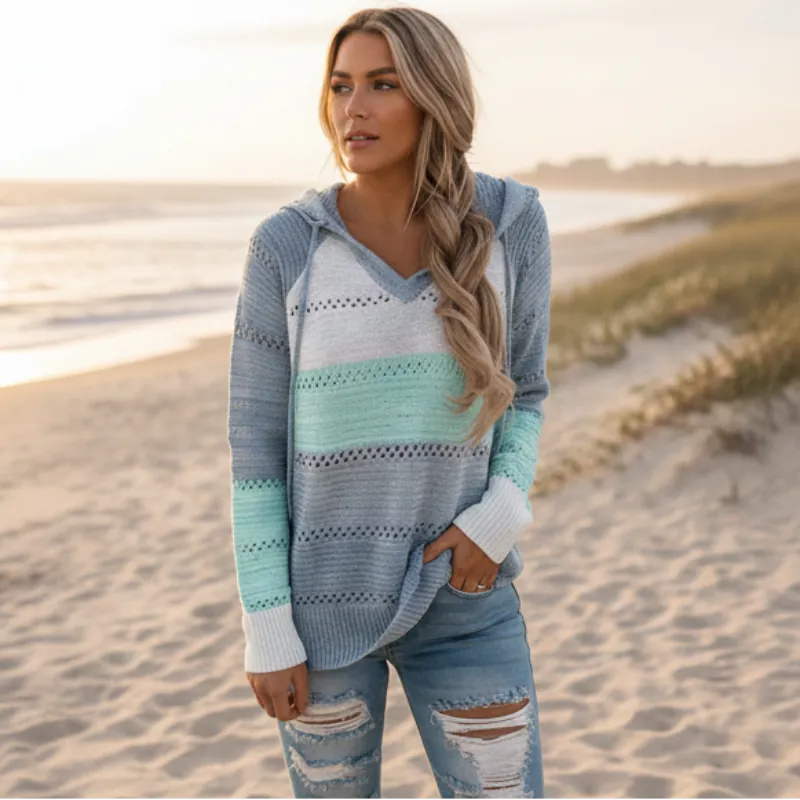 Women's Cozy Hooded Knit Sweater – Striped