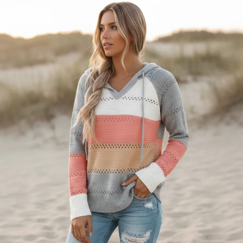 Women's Cozy Hooded Knit Sweater – Striped