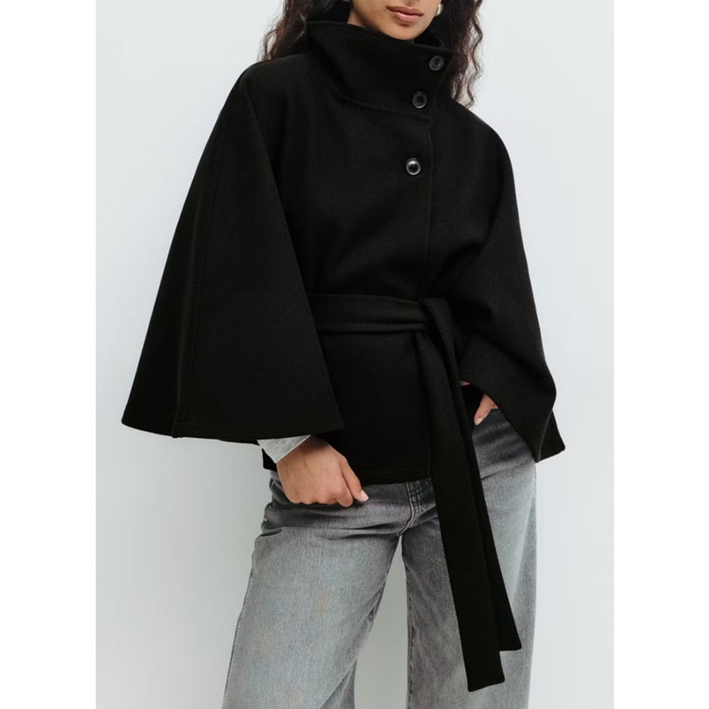 Women's High Collar Cape Coat – Adjustable Belt