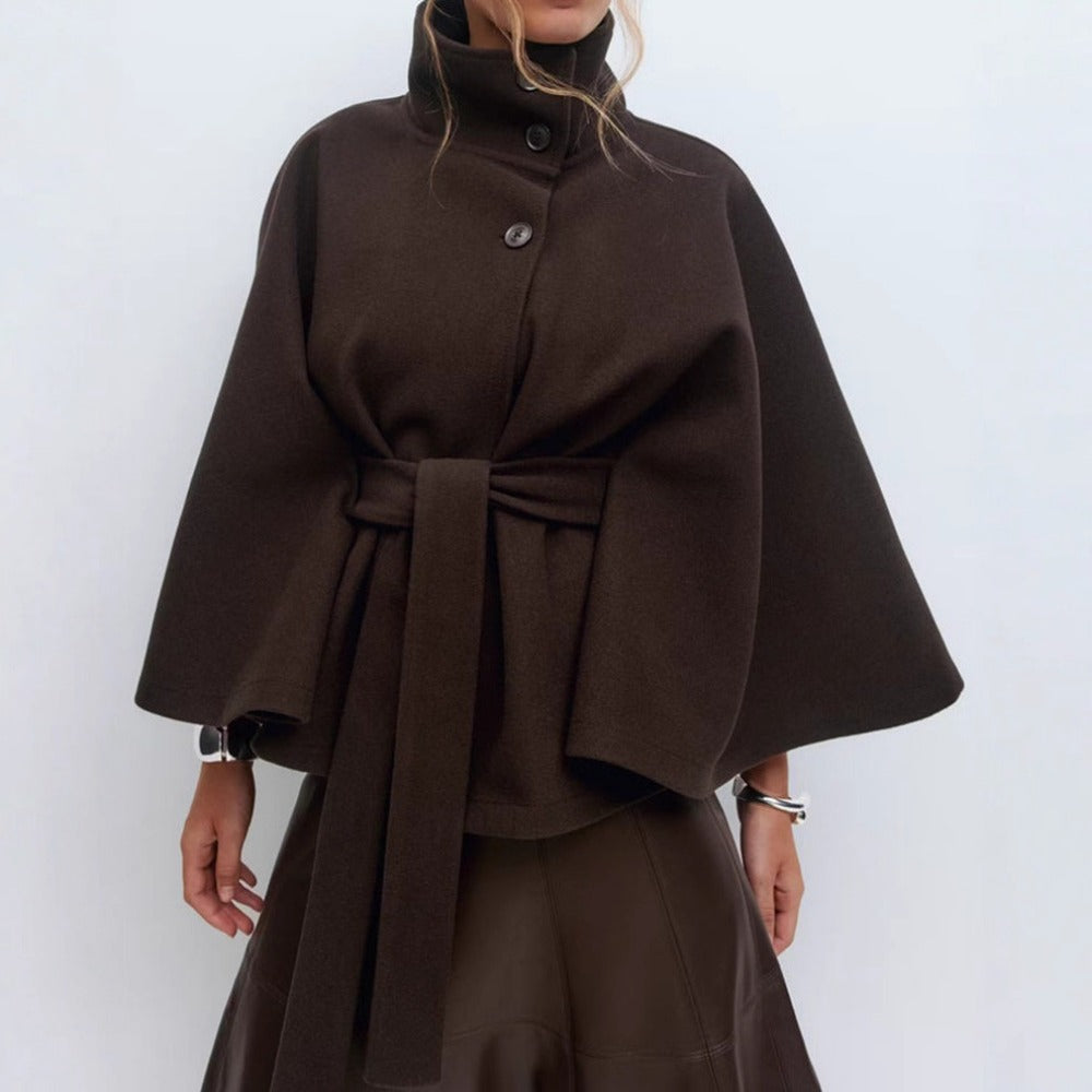 Women's High Collar Cape Coat – Adjustable Belt