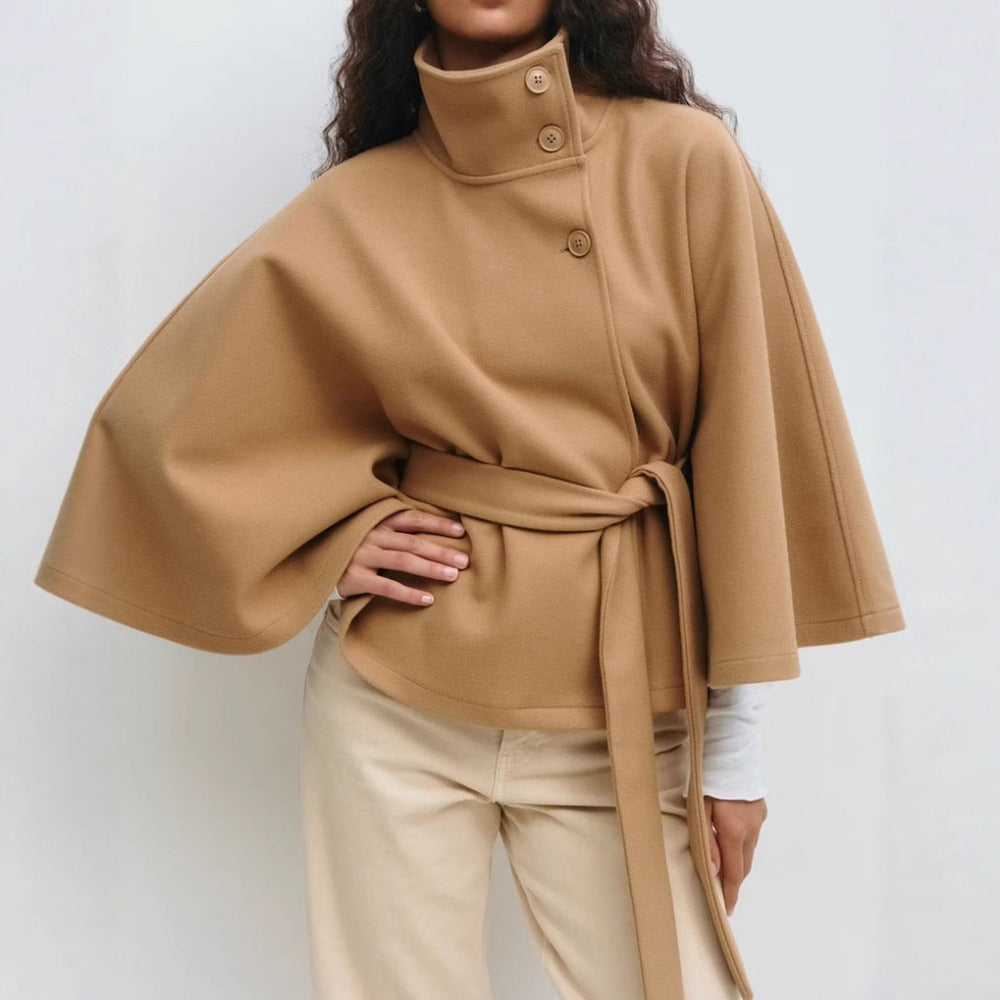 Women's High Collar Cape Coat – Adjustable Belt