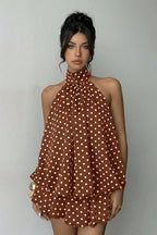 Women's Polka Dot Halter Mini Dress - Backless Lace-Up Flared