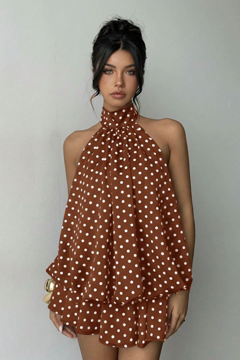 Women's Polka Dot Halter Mini Dress - Backless Lace-Up Flared