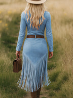 Women's Suede Long Sleeve Midi Fall Dress – Lapel Zipper