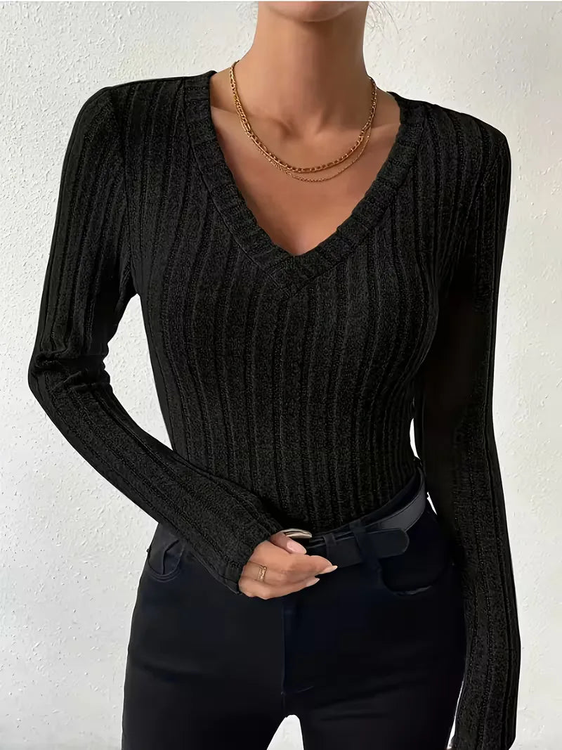 Women's V-Neck Longsleeve – Ribbed Texture