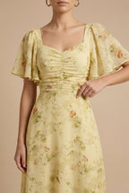 Women's Floral Maxi Dress - Square Neck Flutter Sleeve Ruched