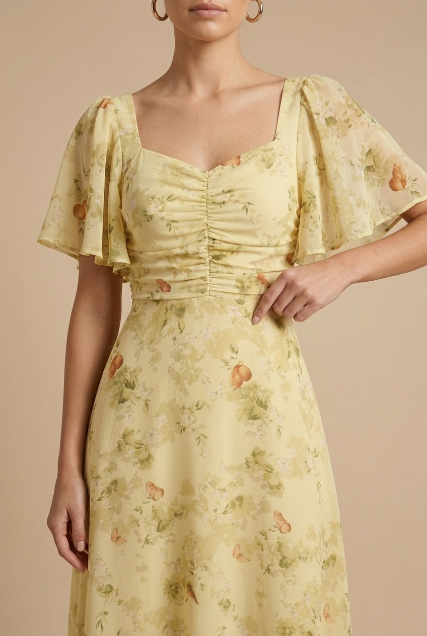 Women's Floral Maxi Dress - Square Neck Flutter Sleeve Ruched