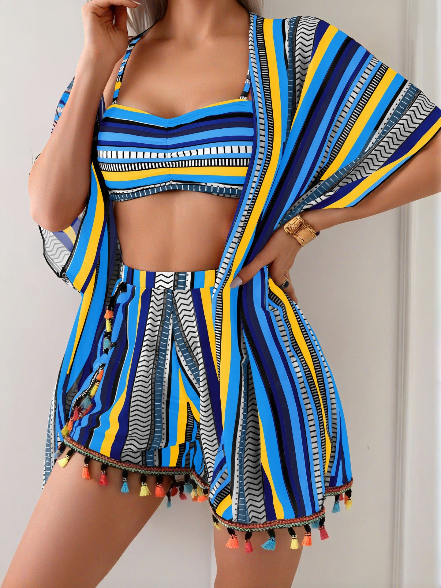 4-Piece Bikini Set - Cover-Up Shirt and Beach Shorts