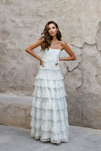 Women's Tiered Long Sleeve Maxi Dress - Crochet Lace Trim & Ruffle Hem