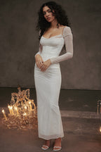 Women's Mesh Long Sleeve Maxi Dress - Sheath Fit & Lace Patchwork