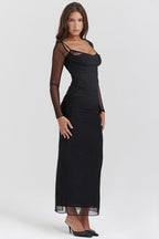 Women's Mesh Long Sleeve Maxi Dress - Sheath Fit & Lace Patchwork