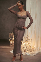 Women's Mesh Long Sleeve Maxi Dress - Sheath Fit & Lace Patchwork