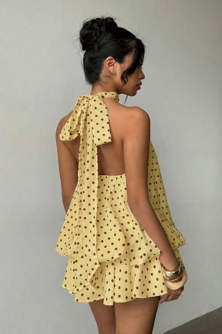 Women's Polka Dot Halter Mini Dress - Backless Lace-Up Flared