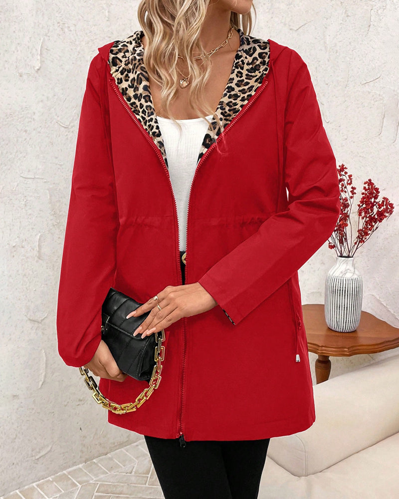 Women's Reversible Hooded Coat With Leopard Print