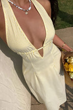 Women's Striped Halter Maxi Dress - Backless Lace-Up Design