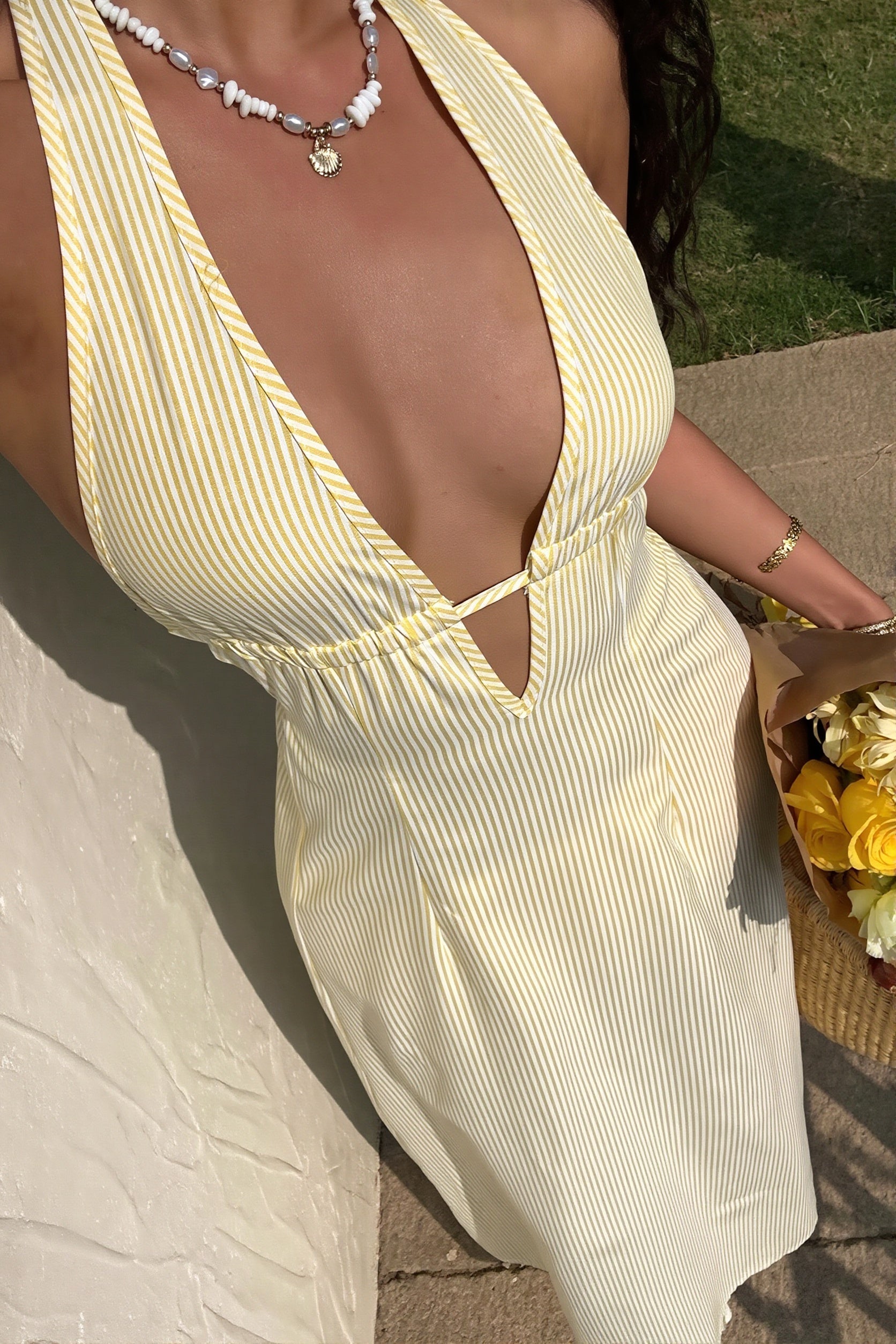 Women's Striped Halter Maxi Dress - Backless Lace-Up Design
