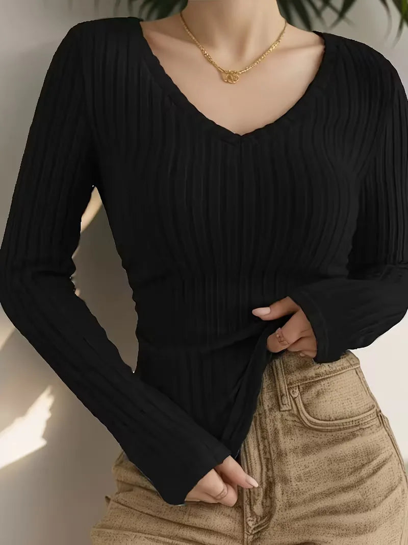 Women's V-Neck Longsleeve – Ribbed Texture