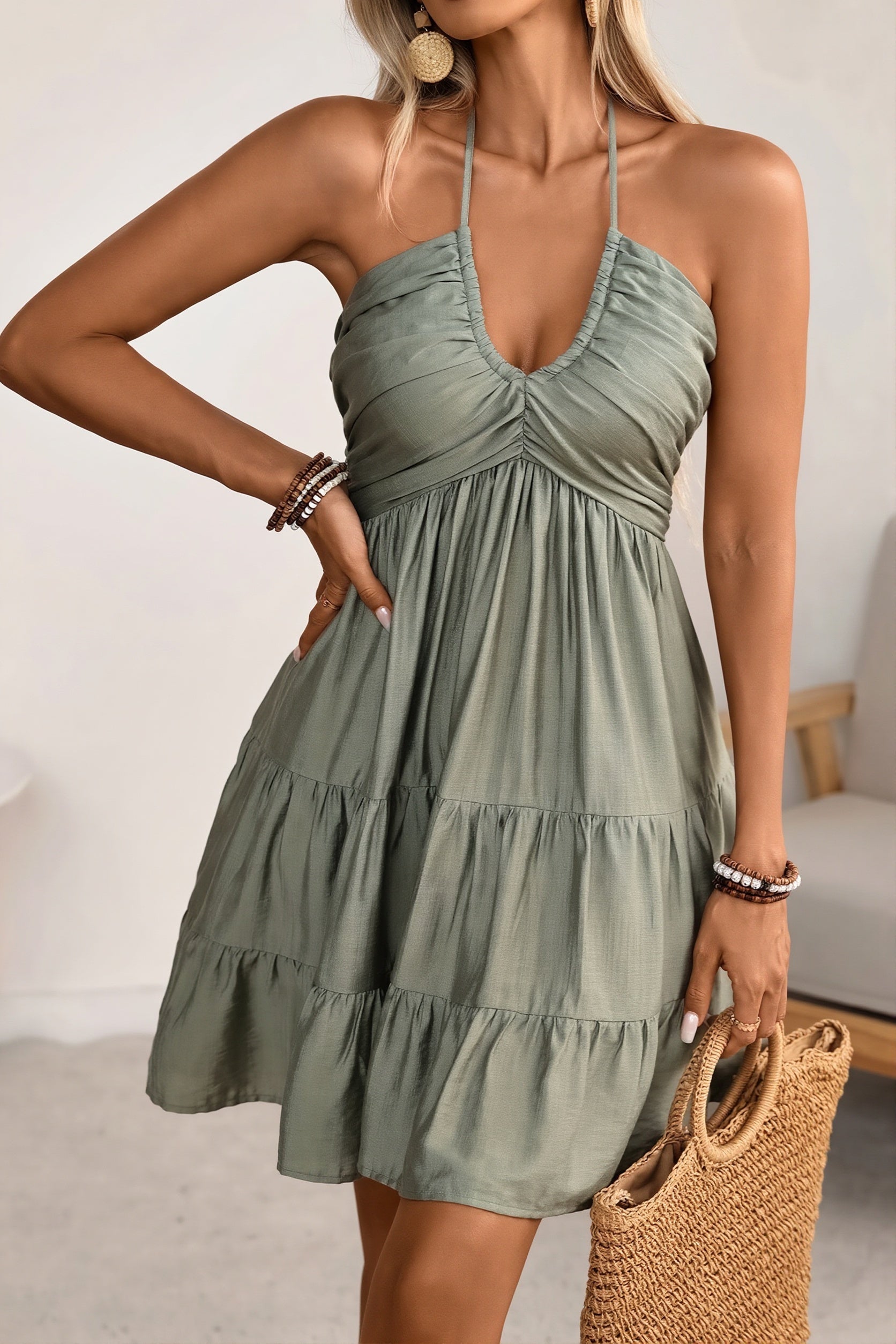 Women's Off-Shoulder Mini Dress - Pleated Fitted Silhouette & Ruffle