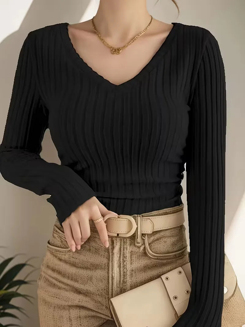 Women's V-Neck Longsleeve – Ribbed Texture