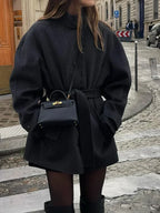 Women's High Neck Wool Coat – Belted Waist